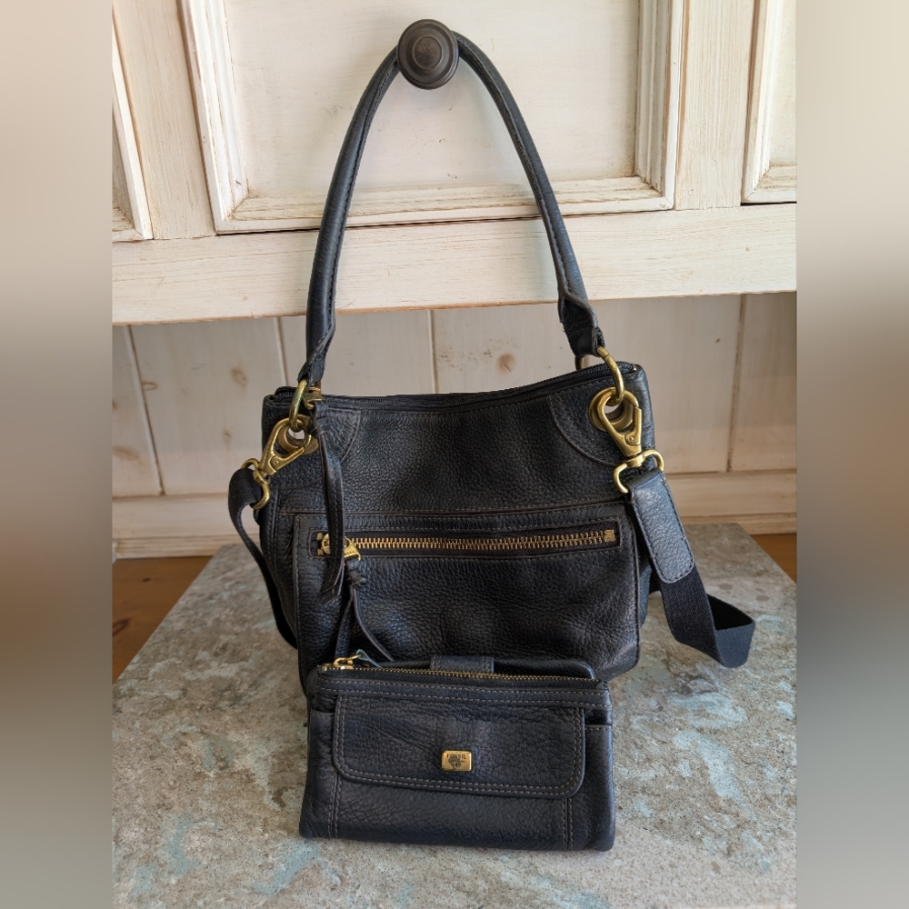 Fossil Black Pebble Leather Crossbody Purse Handbag & Wallet Set